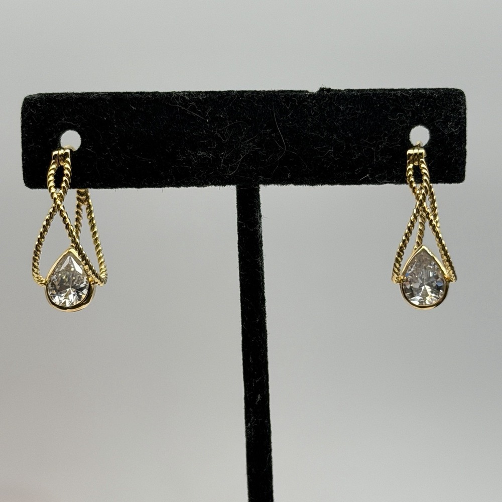 Gold Vermeil Sterling Silver 925 Twisted Rope Floating CZ Double Hoop Earrings